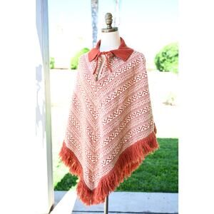 1970's Wool Burnt Orange and Cream Knit Poncho
